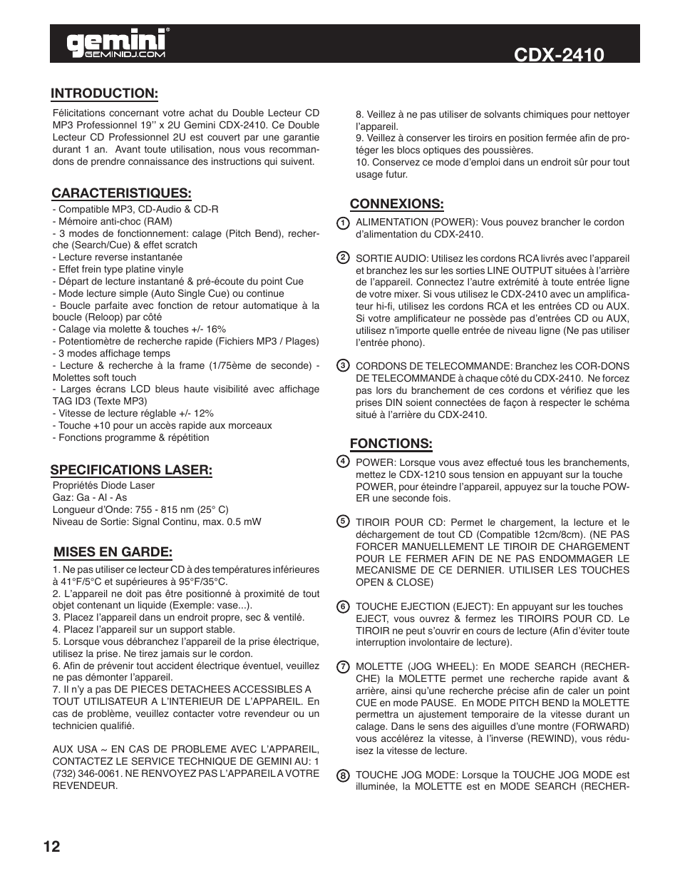 Cdx-2410 | Gemini Industries CDX-2410 User Manual | Page 12 / 20