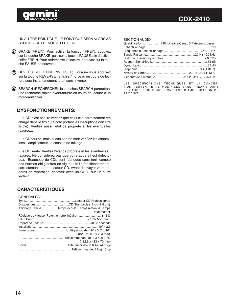 Cdx-2410, Caracteristiques dysfonctionnements | Gemini Industries CDX-2410 User Manual | Page 14 / 20