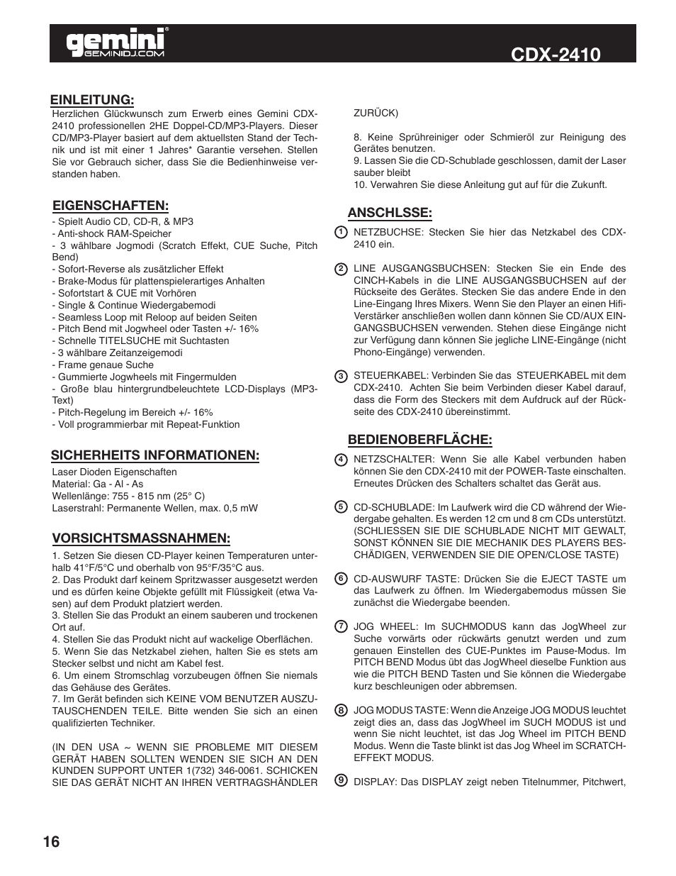 Cdx-2410 | Gemini Industries CDX-2410 User Manual | Page 16 / 20