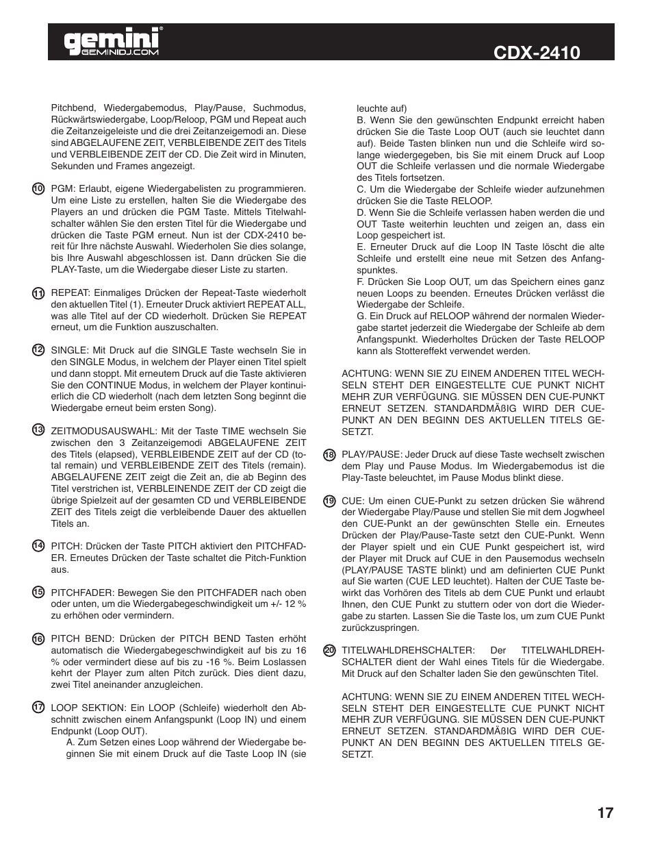 Cdx-2410 | Gemini Industries CDX-2410 User Manual | Page 17 / 20