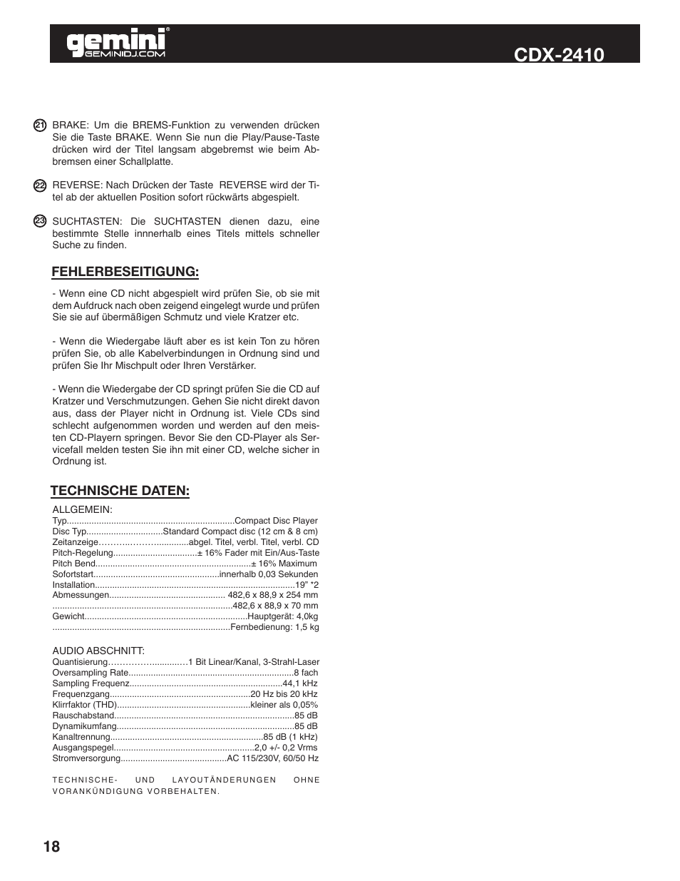 Cdx-2410, Technische daten, Fehlerbeseitigung | Gemini Industries CDX-2410 User Manual | Page 18 / 20