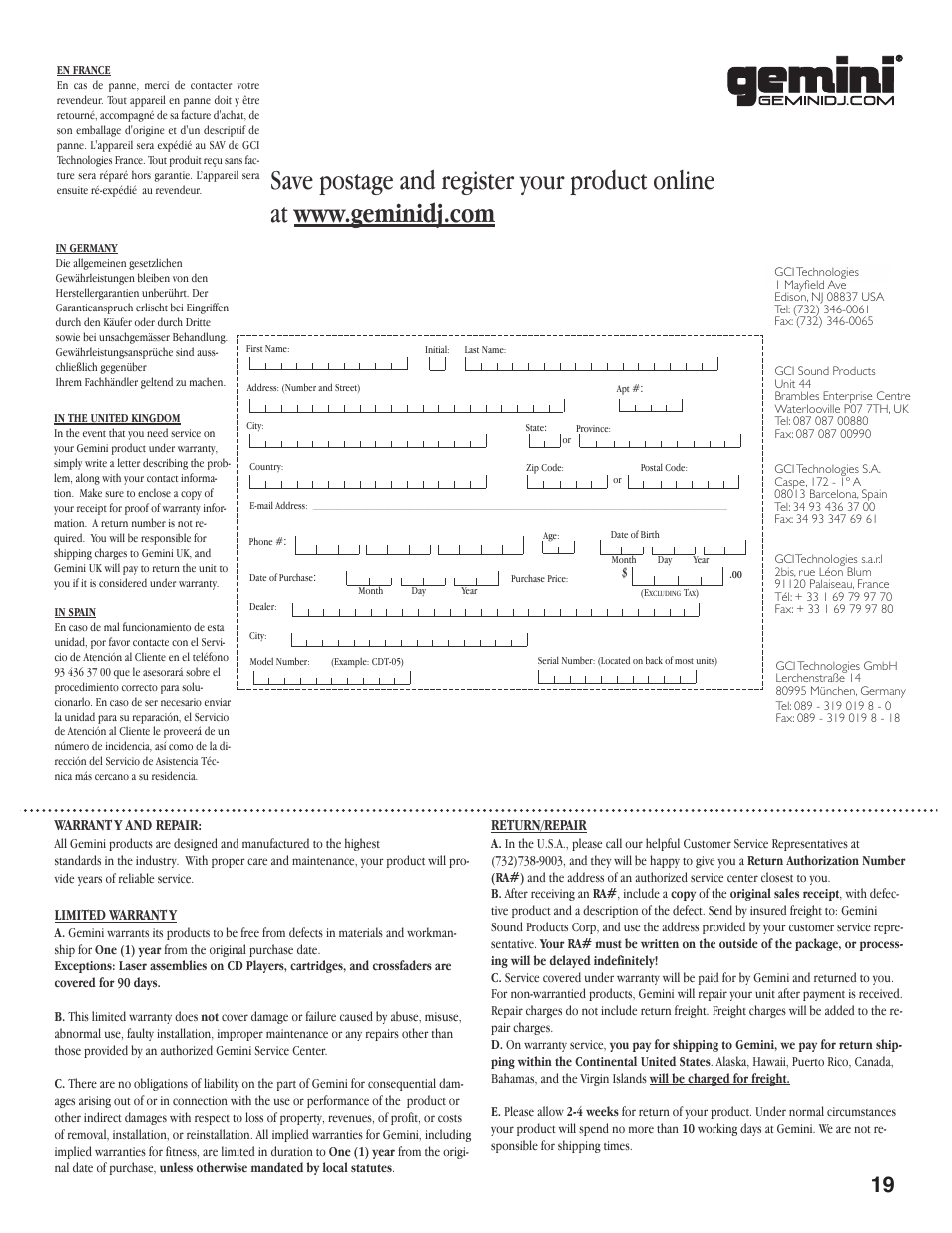 Gemini Industries CDX-2410 User Manual | Page 19 / 20