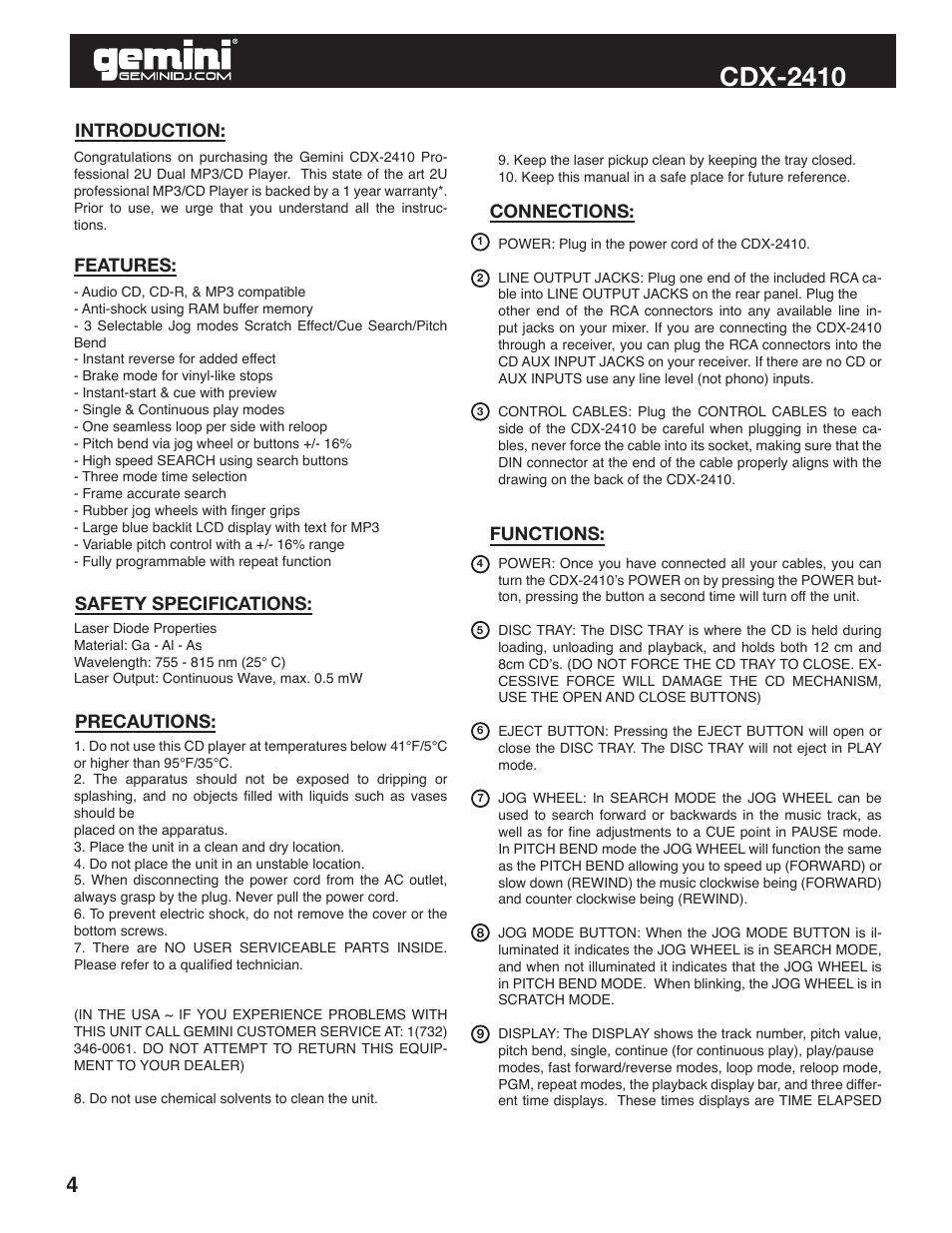 Cdx-2410 | Gemini Industries CDX-2410 User Manual | Page 4 / 20