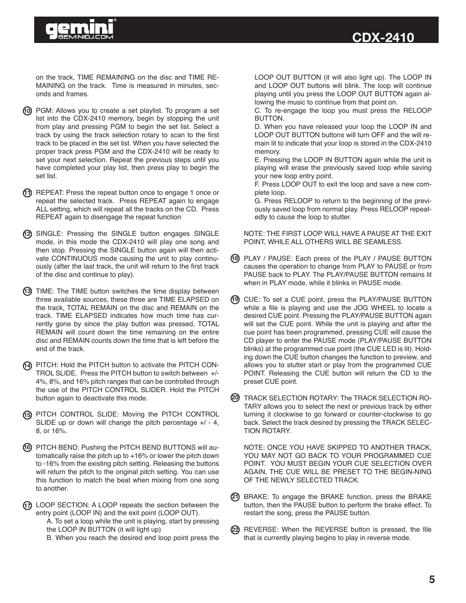 Cdx-2410 | Gemini Industries CDX-2410 User Manual | Page 5 / 20