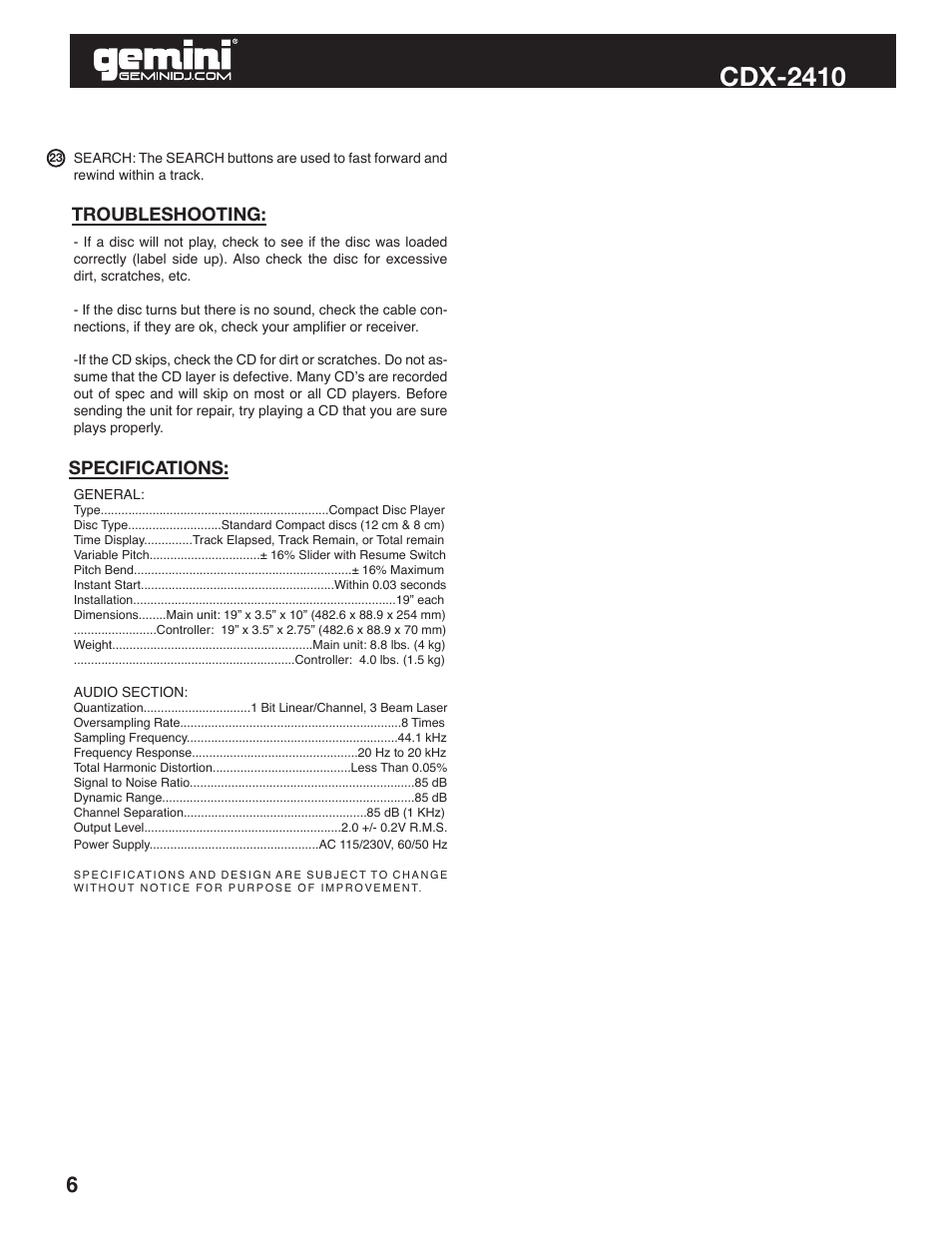 Cdx-2410, Specifications, Troubleshooting | Gemini Industries CDX-2410 User Manual | Page 6 / 20