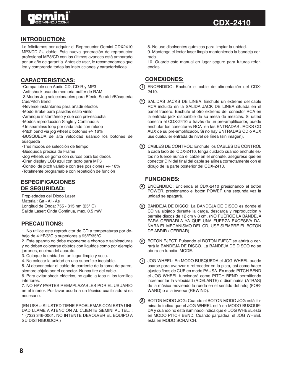Cdx-2410 | Gemini Industries CDX-2410 User Manual | Page 8 / 20