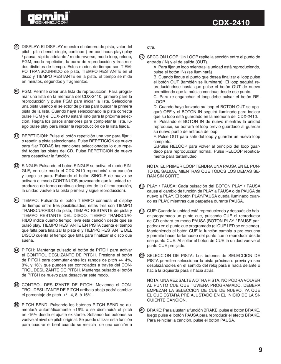Cdx-2410 | Gemini Industries CDX-2410 User Manual | Page 9 / 20