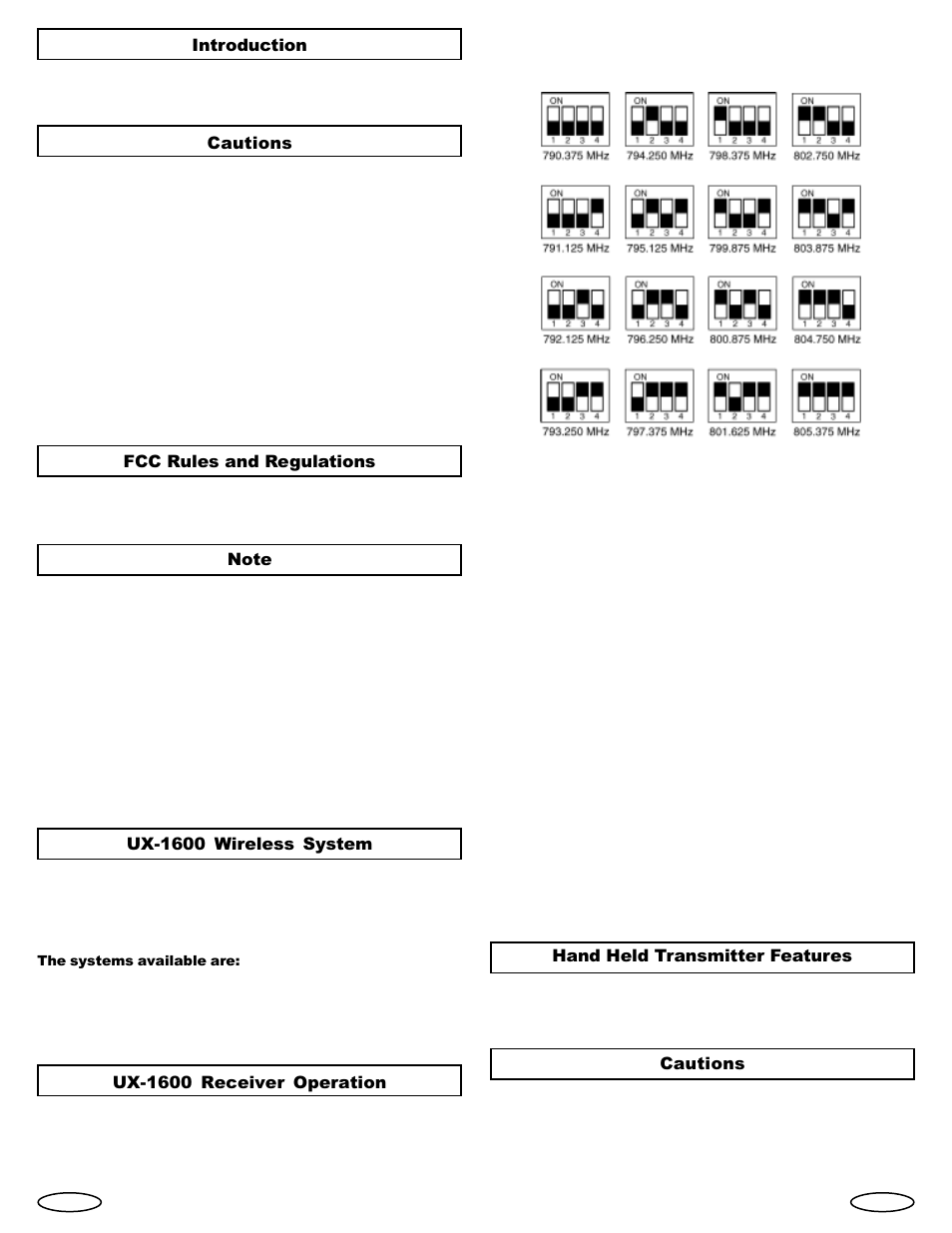 Hand held transmitter features, Cautions, Introduction | Fcc rules and regulations, Ux-1600 wireless system, Ux-1600 receiver operation | Gemini Industries UHF UX-1600 User Manual | Page 2 / 8