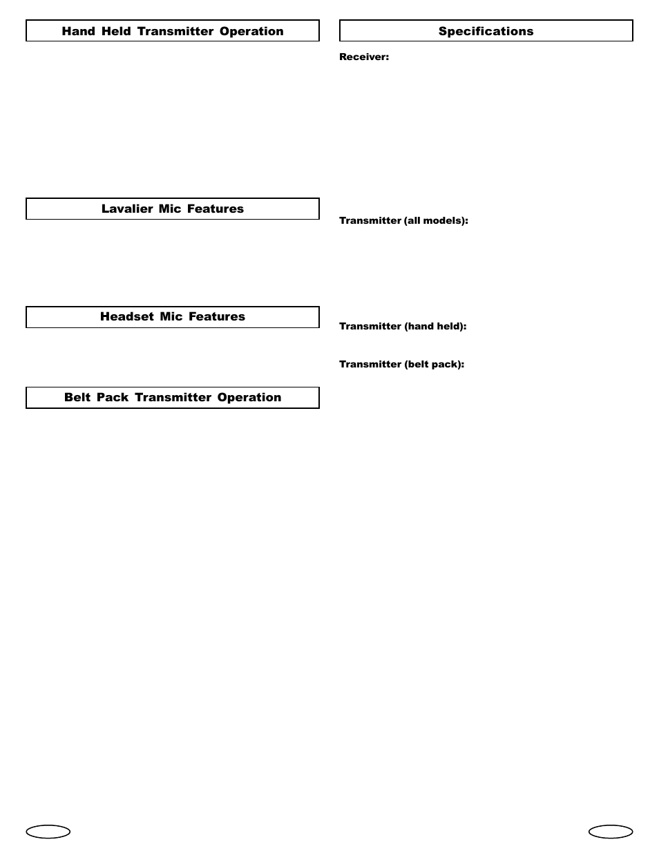 Hand held transmitter operation, Lavalier mic features, Headset mic features | Belt pack transmitter operation, Specifications | Gemini Industries UHF UX-1600 User Manual | Page 3 / 8