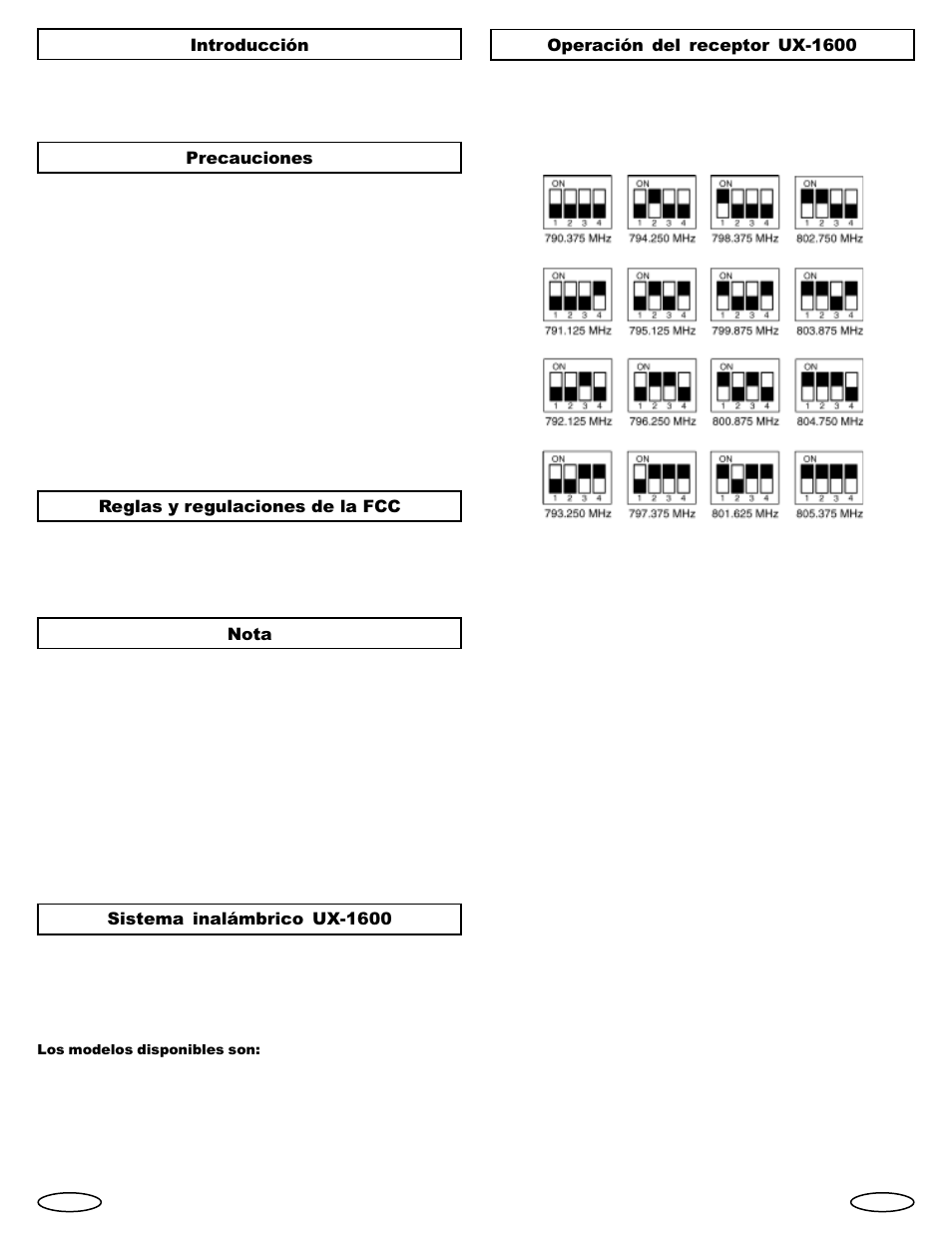 Introducción, Precauciones, Reglas y regulaciones de la fcc | Nota, Sistema inalámbrico ux-1600, Operación del receptor ux-1600 | Gemini Industries UHF UX-1600 User Manual | Page 4 / 8
