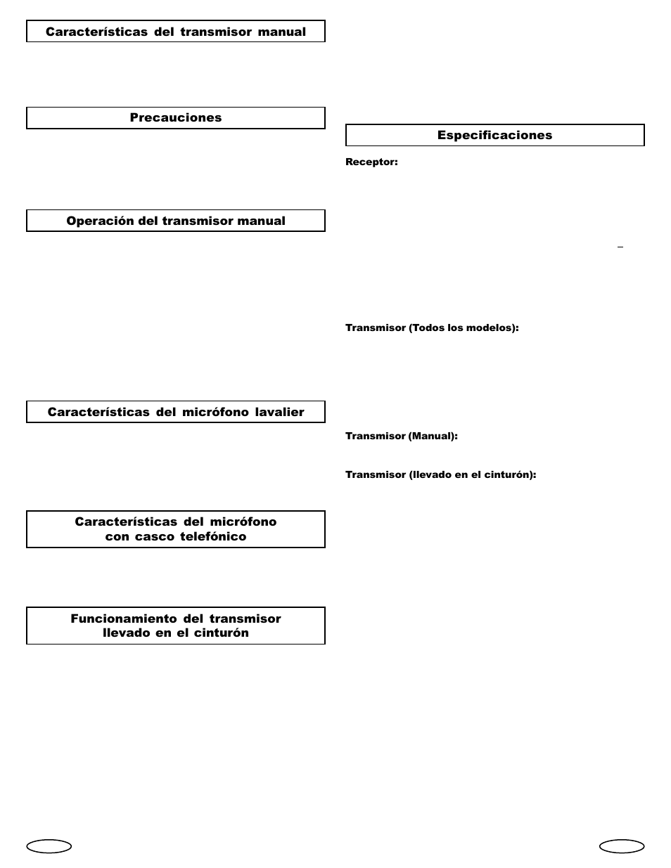 Características del transmisor manual, Precauciones, Operación del transmisor manual | Características del micrófono lavalier, Características del micrófono con casco telefónico, Especificaciones | Gemini Industries UHF UX-1600 User Manual | Page 5 / 8