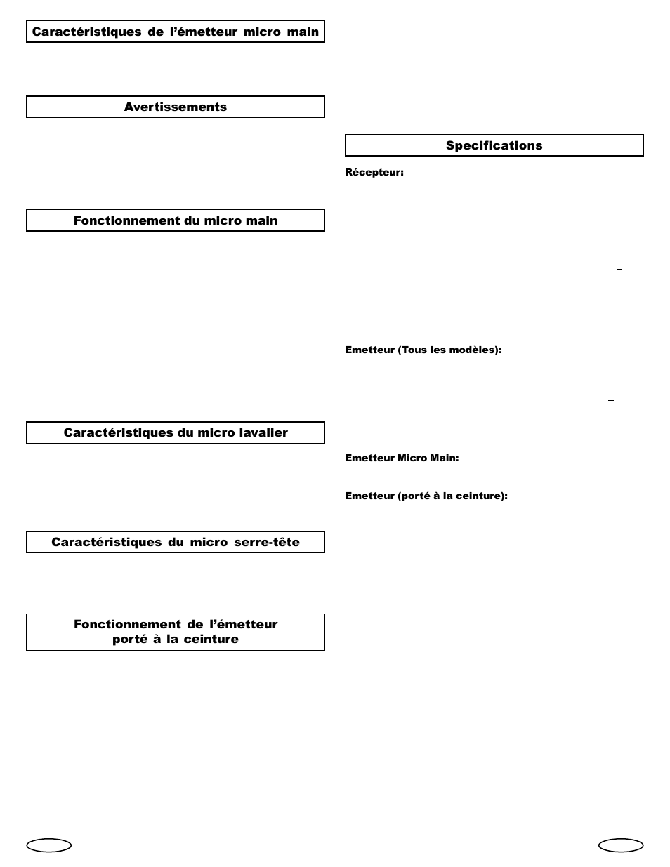 Caractéristiques de lémetteur micro main, Avertissements, Fonctionnement du micro main | Caractéristiques du micro lavalier, Caractéristiques du micro serre-tête, Fonctionnement de lémetteur porté à la ceinture, Specifications | Gemini Industries UHF UX-1600 User Manual | Page 7 / 8