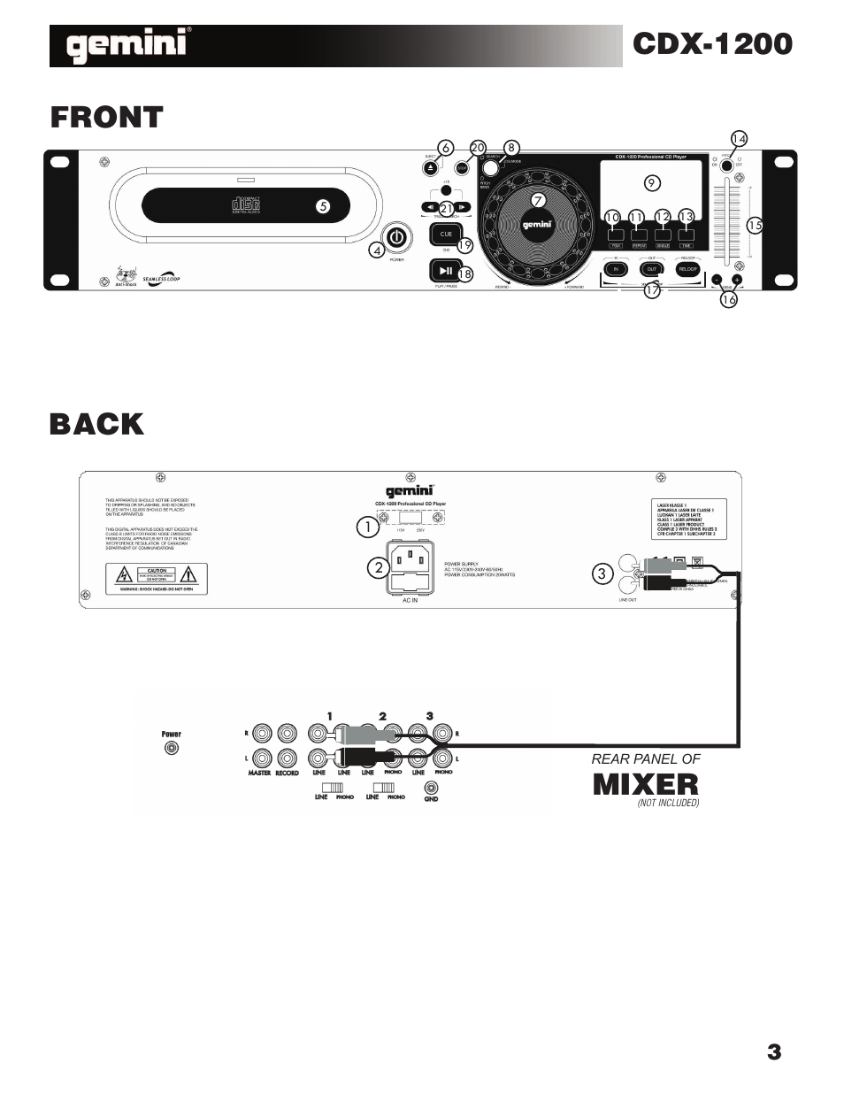 Mixer, Back, Cdx-1200 | Front | Gemini Industries CDX-1200 User Manual | Page 2 / 4