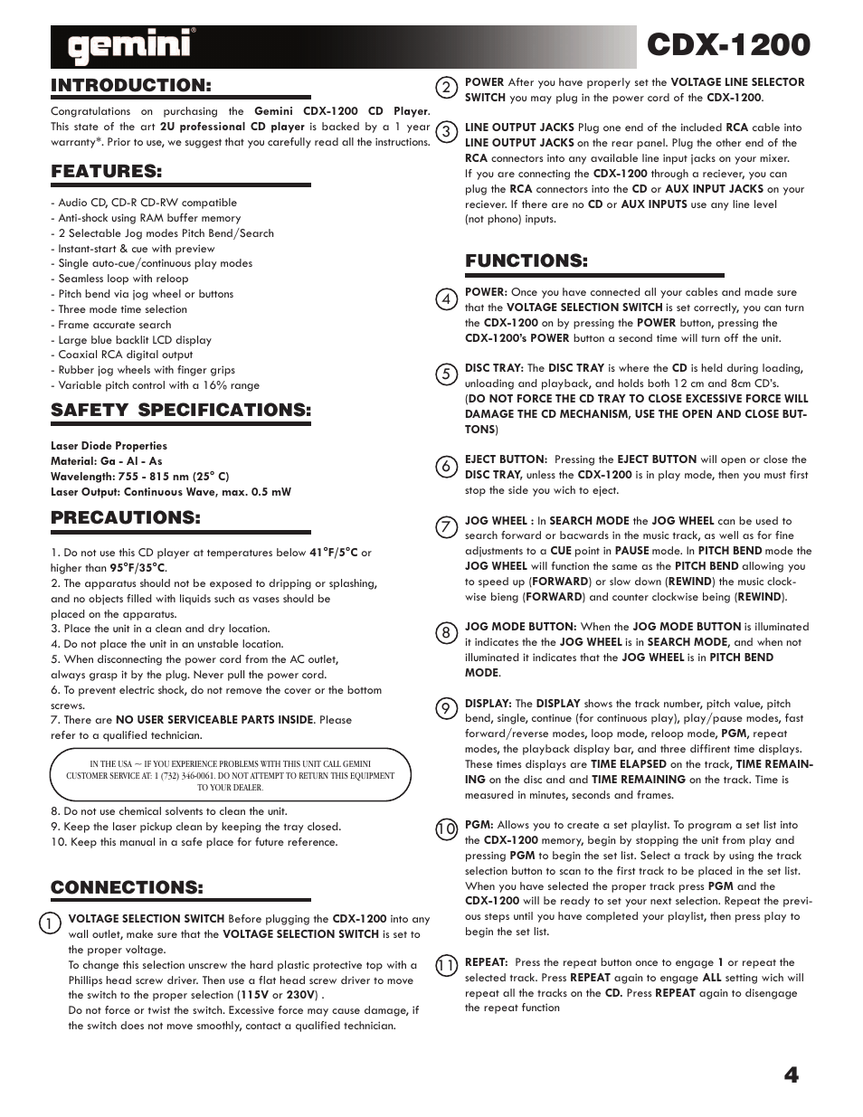 Cdx-1200, Introduction, Functions | Gemini Industries CDX-1200 User Manual | Page 3 / 4