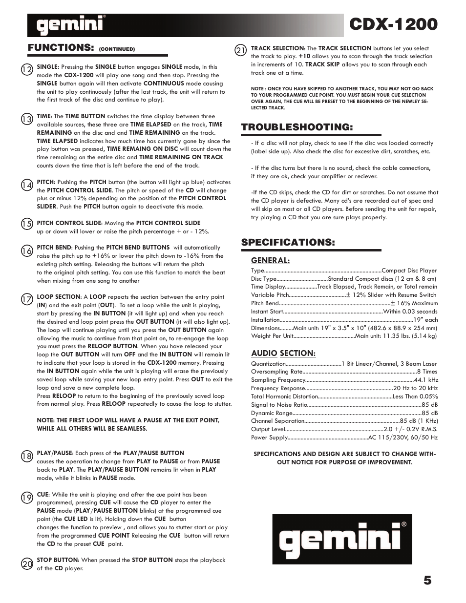 Cdx-1200, Functions, Troubleshooting | Specifications | Gemini Industries CDX-1200 User Manual | Page 4 / 4