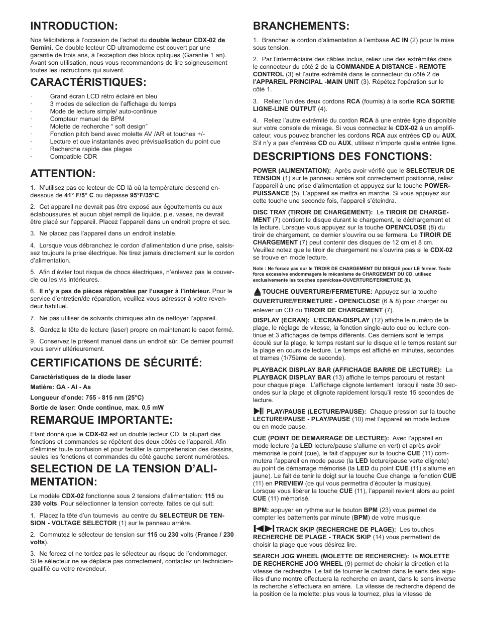Introduction, Caractéristiques, Attention | Certifications de sécurité, Remarque importante, Selection de la tension d’ali- mentation, Branchements, Descriptions des fonctions | Gemini Industries CDX-02 User Manual | Page 10 / 12