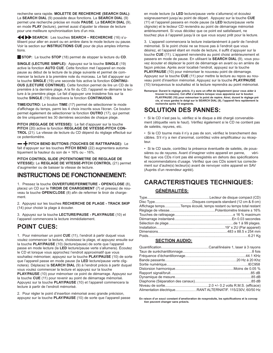 Solution des pannes, Caracteristiques techniques, Instructions de fonctionnement | Point cues | Gemini Industries CDX-02 User Manual | Page 11 / 12