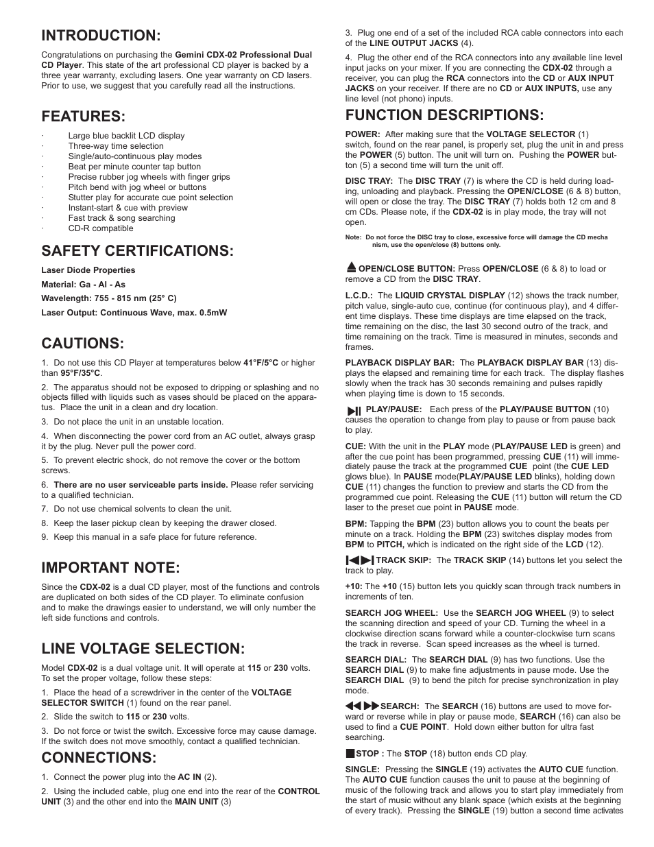 Introduction, Features, Safety certifications | Cautions, Line voltage selection, Connections, Function descriptions | Gemini Industries CDX-02 User Manual | Page 4 / 12