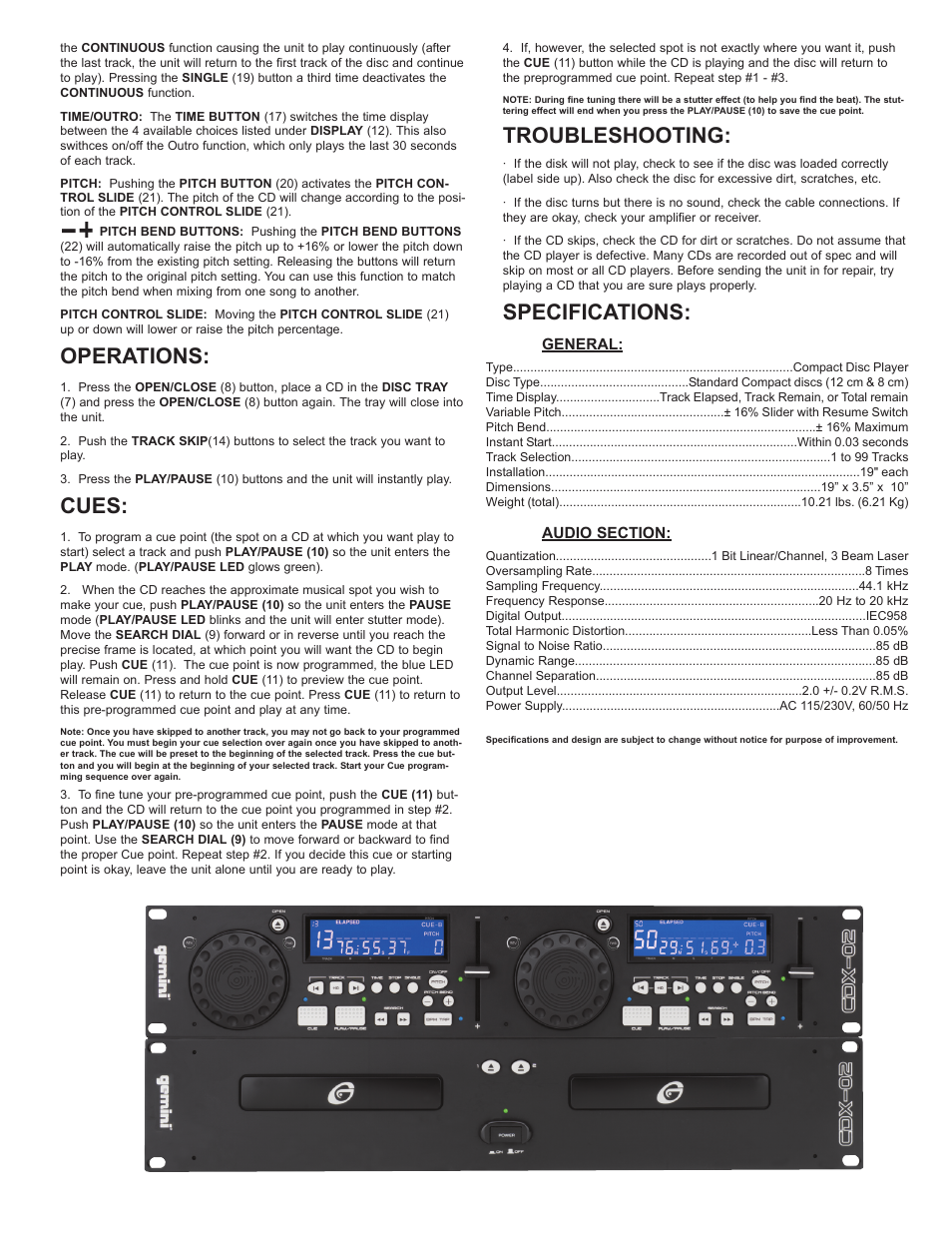 Operations, Cues, Troubleshooting | Specifications | Gemini Industries CDX-02 User Manual | Page 5 / 12