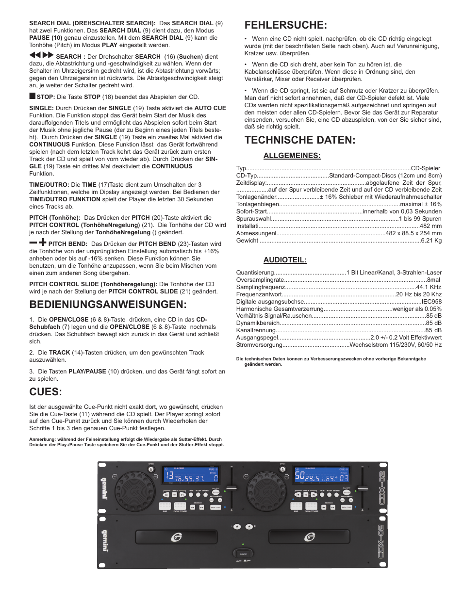 Bedieniungsanweisungen, Cues, Fehlersuche | Technische daten | Gemini Industries CDX-02 User Manual | Page 7 / 12