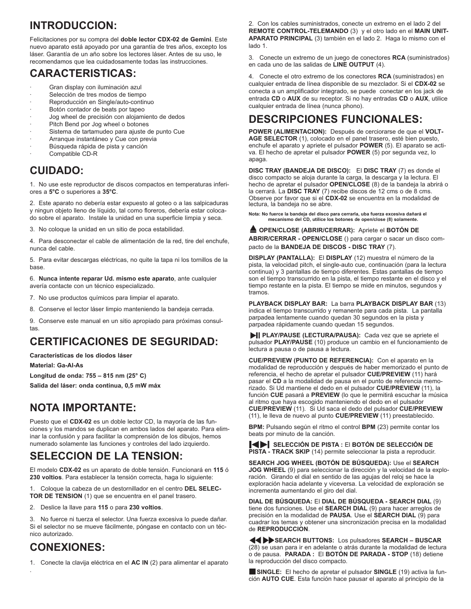Introduccion, Caracteristicas, Cuidado | Certificaciones de seguridad, Nota importante, Seleccion de la tension, Conexiones, Descripciones funcionales | Gemini Industries CDX-02 User Manual | Page 8 / 12
