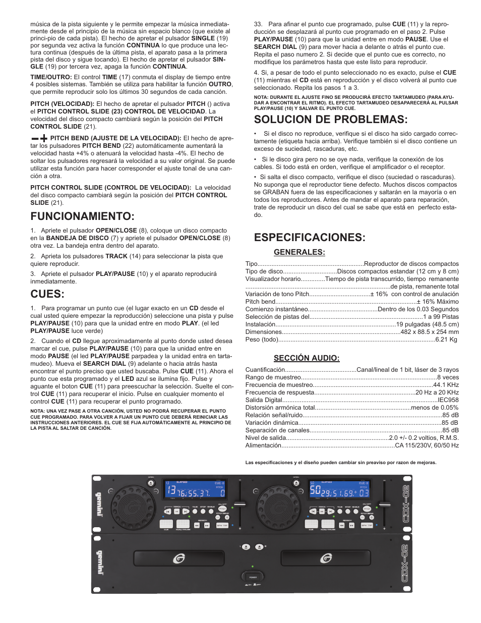 Solucion de problemas, Especificaciones, Funcionamiento | Cues | Gemini Industries CDX-02 User Manual | Page 9 / 12