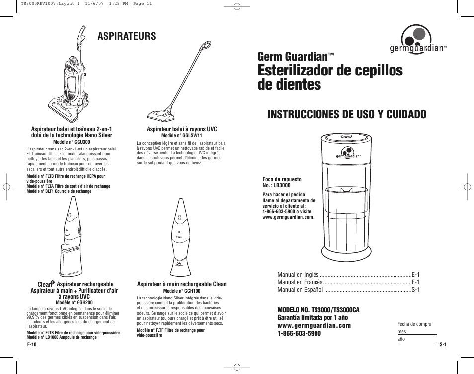 Esterilizador de cepillos de dientes, Germ guardian, Instrucciones de uso y cuidado | Aspirateurs | Guardian Technologies TS3000 User Manual | Page 11 / 16