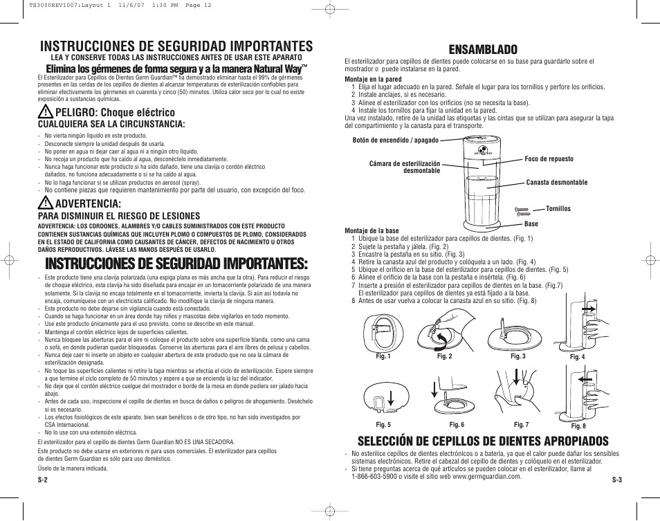 Instrucciones de seguridad importantes, Ensamblado, Selección de cepillos de dientes apropiados | Peligro: choque eléctrico, Advertencia, Cualquiera sea la circunstancia, Para disminuir el riesgo de lesiones | Guardian Technologies TS3000 User Manual | Page 12 / 16