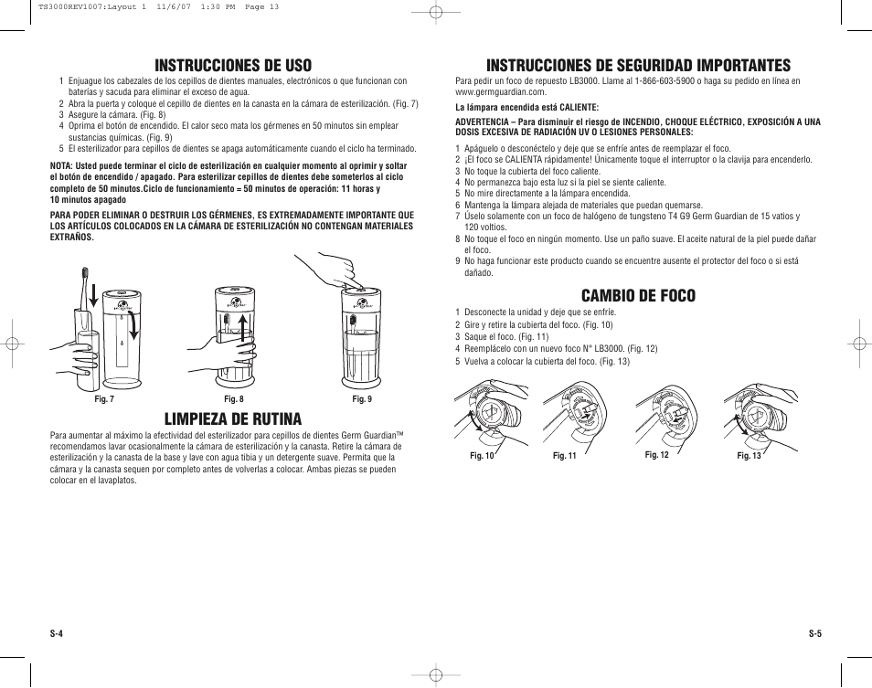 Limpieza de rutina, Cambio de foco, Instrucciones de uso | Instrucciones de seguridad importantes | Guardian Technologies TS3000 User Manual | Page 13 / 16