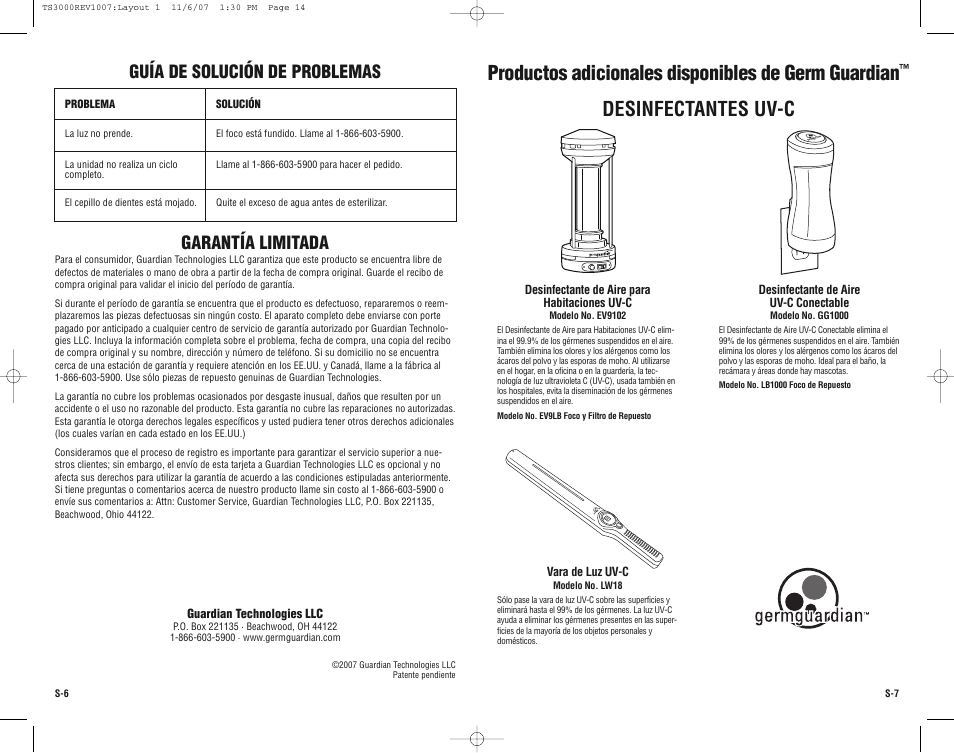 Productos adicionales disponibles de germ guardian, Desinfectantes uv-c, Guía de solución de problemas | Garantía limitada | Guardian Technologies TS3000 User Manual | Page 14 / 16