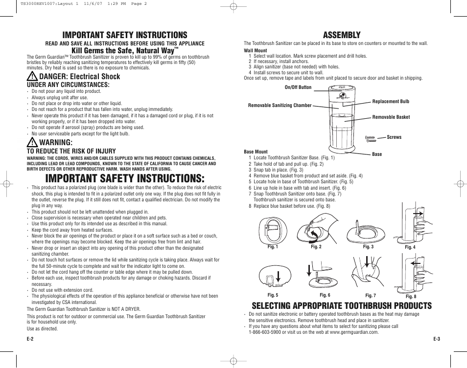 Important safety instructions, Assembly, Kill germs the safe, natural way | Danger: electrical shock, Warning | Guardian Technologies TS3000 User Manual | Page 2 / 16