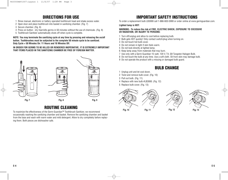 Routine cleaning, Bulb change, Directions for use | Important safety instructions | Guardian Technologies TS3000 User Manual | Page 3 / 16