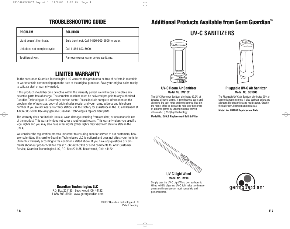 Additional products available from germ guardian, Uv-c sanitizers, Limited warranty | Troubleshooting guide | Guardian Technologies TS3000 User Manual | Page 4 / 16