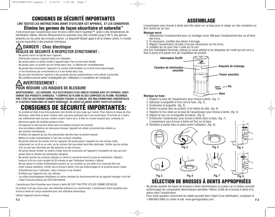 Consignes de sécurité importantes, Danger : choc électrique, Avertissement | Règles de sécurité à respecter strictement, Pour réduire les risques de blessure | Guardian Technologies TS3000 User Manual | Page 7 / 16