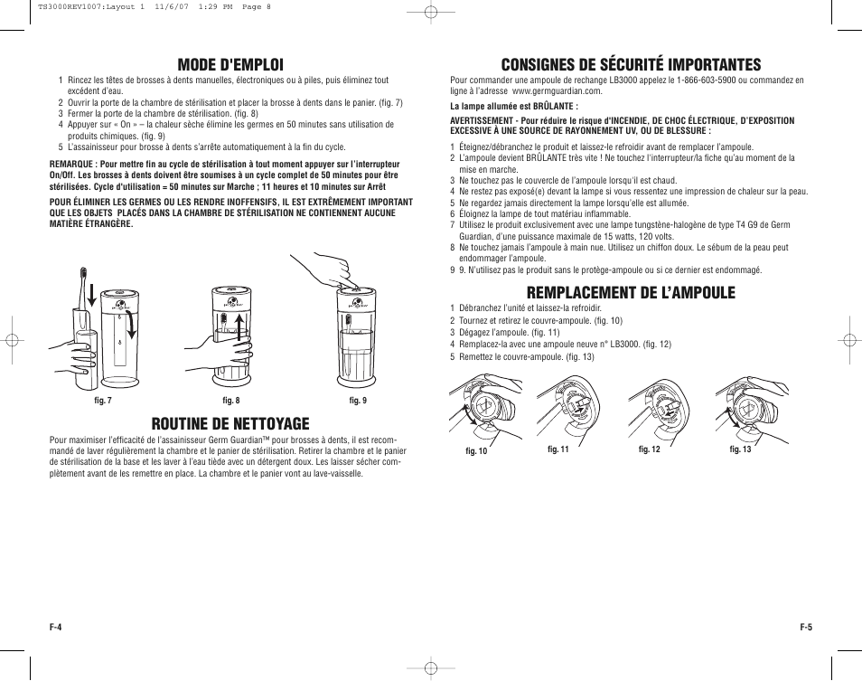 Mode d'emploi, Routine de nettoyage, Remplacement de l’ampoule | Consignes de sécurité importantes | Guardian Technologies TS3000 User Manual | Page 8 / 16