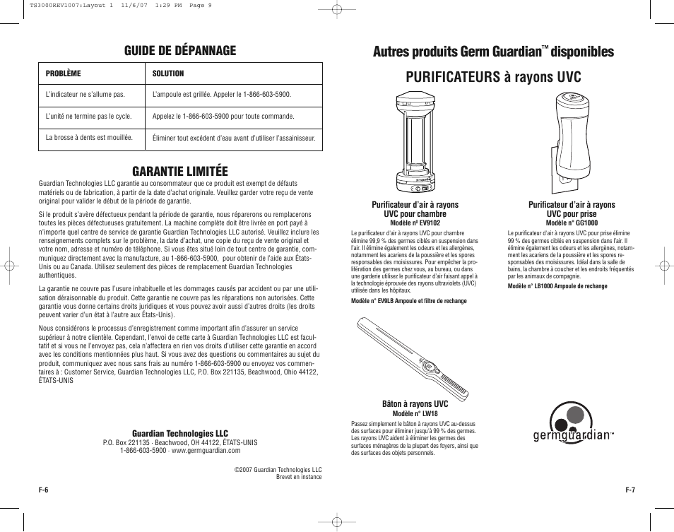 Autres produits germ guardian, Disponibles, Purificateurs à rayons uvc | Garantie limitée, Guide de dépannage | Guardian Technologies TS3000 User Manual | Page 9 / 16