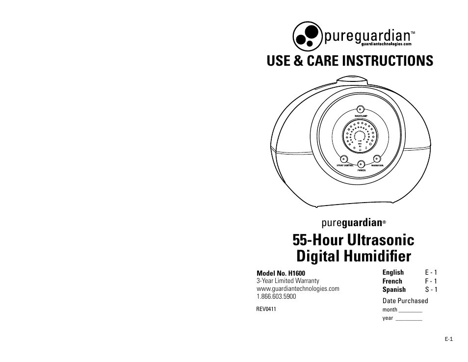 Guardian Technologies PUREGUARDIAN H1600 User Manual | 5 pages