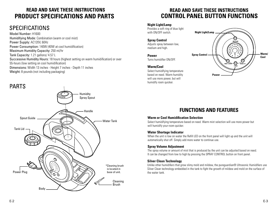 Functions and features | Guardian Technologies PUREGUARDIAN H1600 User Manual | Page 2 / 5