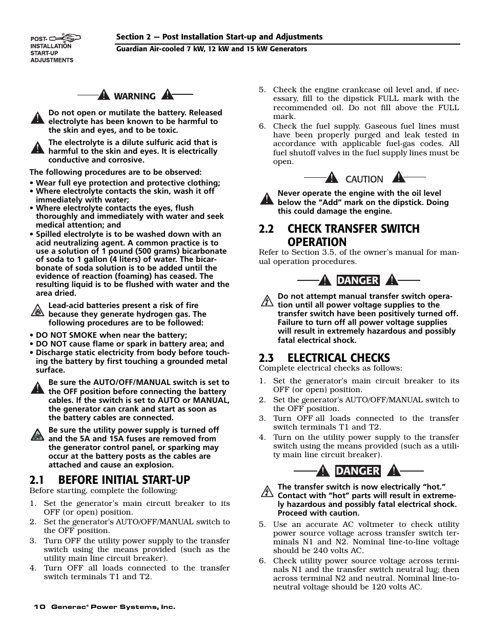 1 before initial start-up, 2 check transfer switch operation, 3 electrical checks | Danger | Guardian Technologies 04390-2 User Manual | Page 12 / 60