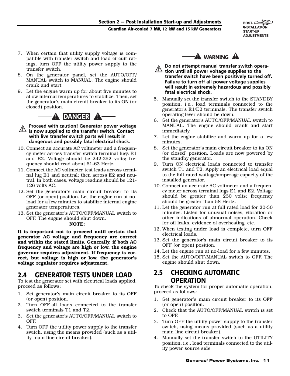 4 generator tests under load, 5 checking automatic operation, Danger | Guardian Technologies 04390-2 User Manual | Page 13 / 60