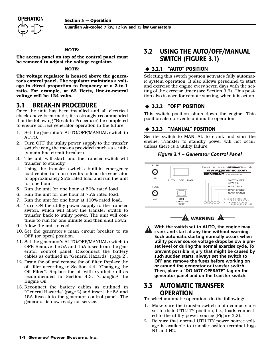 1 break-in procedure, 2 using the auto/off/manual switch (figure 3.1), 3 automatic transfer operation | 1 “auto” position, 2 “off” position, 3 “manual” position, Figure 3.1 – generator control panel | Guardian Technologies 04390-2 User Manual | Page 16 / 60