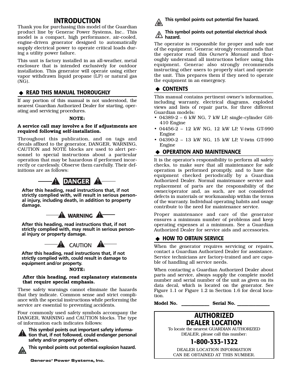 Introduction, Authorized dealer location, Danger | Guardian Technologies 04390-2 User Manual | Page 2 / 60