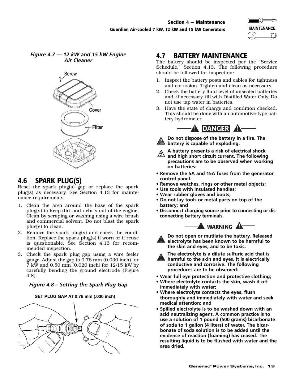 6 spark plug(s), 7 battery maintenance, Danger | Guardian Technologies 04390-2 User Manual | Page 21 / 60