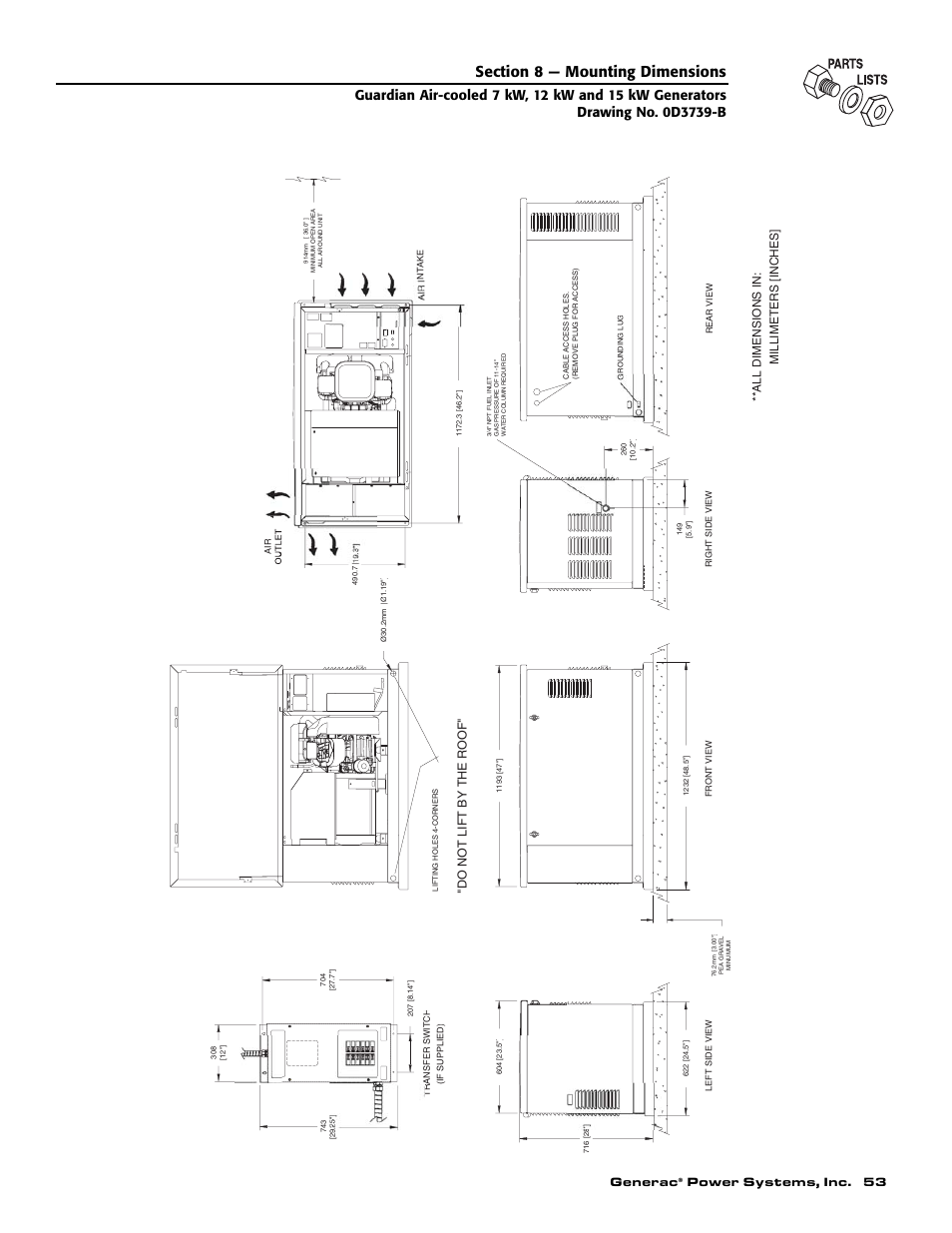 Generac, Power systems, inc. 53, All dimen s io n s in: m illimeters [inches | Guardian Technologies 04390-2 User Manual | Page 55 / 60