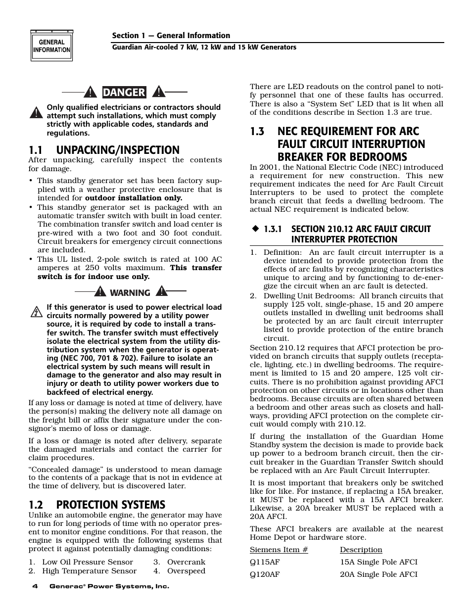 1 unpacking/inspection, 2 protection systems, Danger | Guardian Technologies 04390-2 User Manual | Page 6 / 60