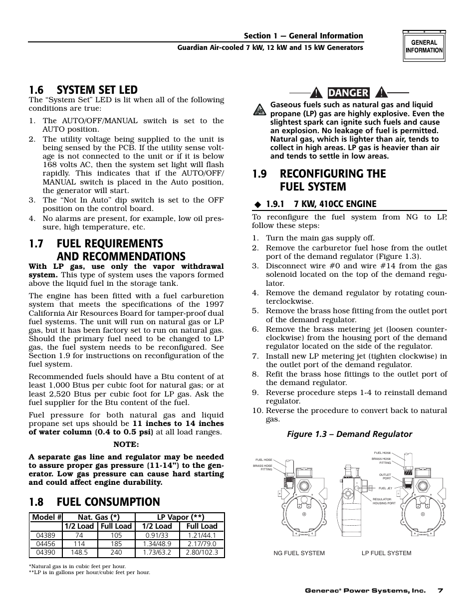 6 system set led, 7 fuel requirements and recommendations, 8 fuel consumption | 9 reconfiguring the fuel system, Danger | Guardian Technologies 04390-2 User Manual | Page 9 / 60