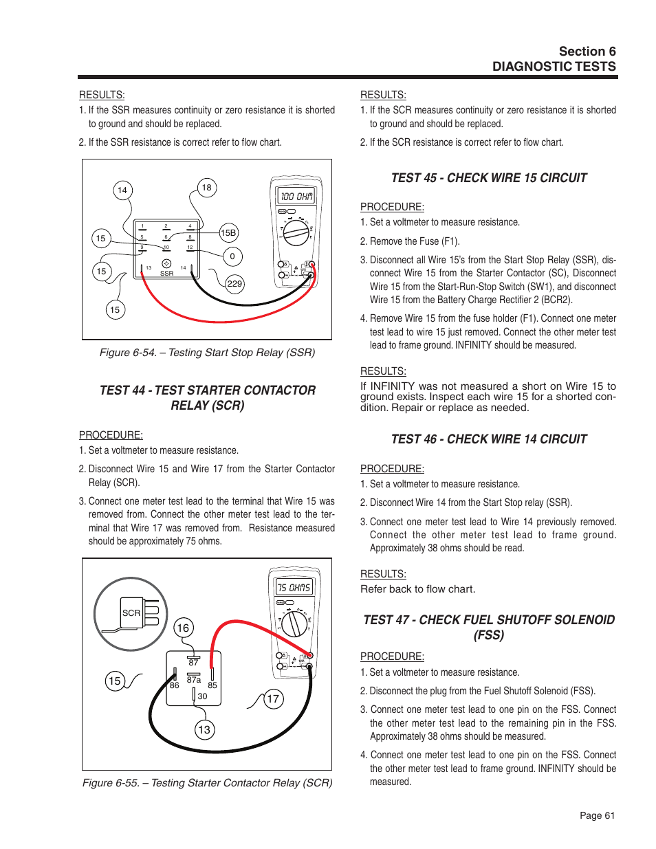 Test 44 - test starter contactor relay (scr), Test 45 - check wire 15 circuit, Test 46 - check wire 14 circuit | Test 47 - check fuel shutoff solenoid (fss) | Guardian Technologies 5209 User Manual | Page 63 / 90