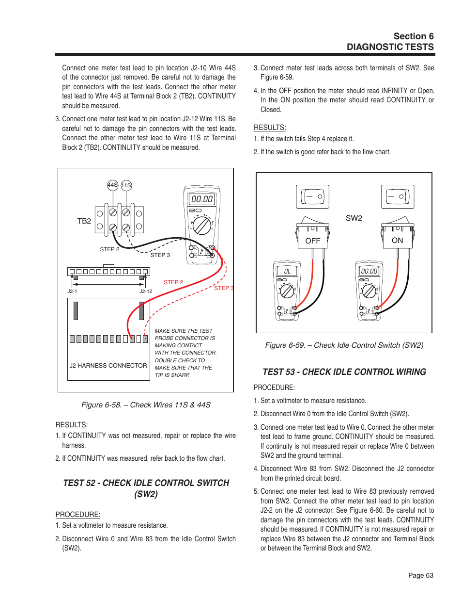 Test 52 - check idle control switch (sw2), Test 53 - check idle control wiring | Guardian Technologies 5209 User Manual | Page 65 / 90