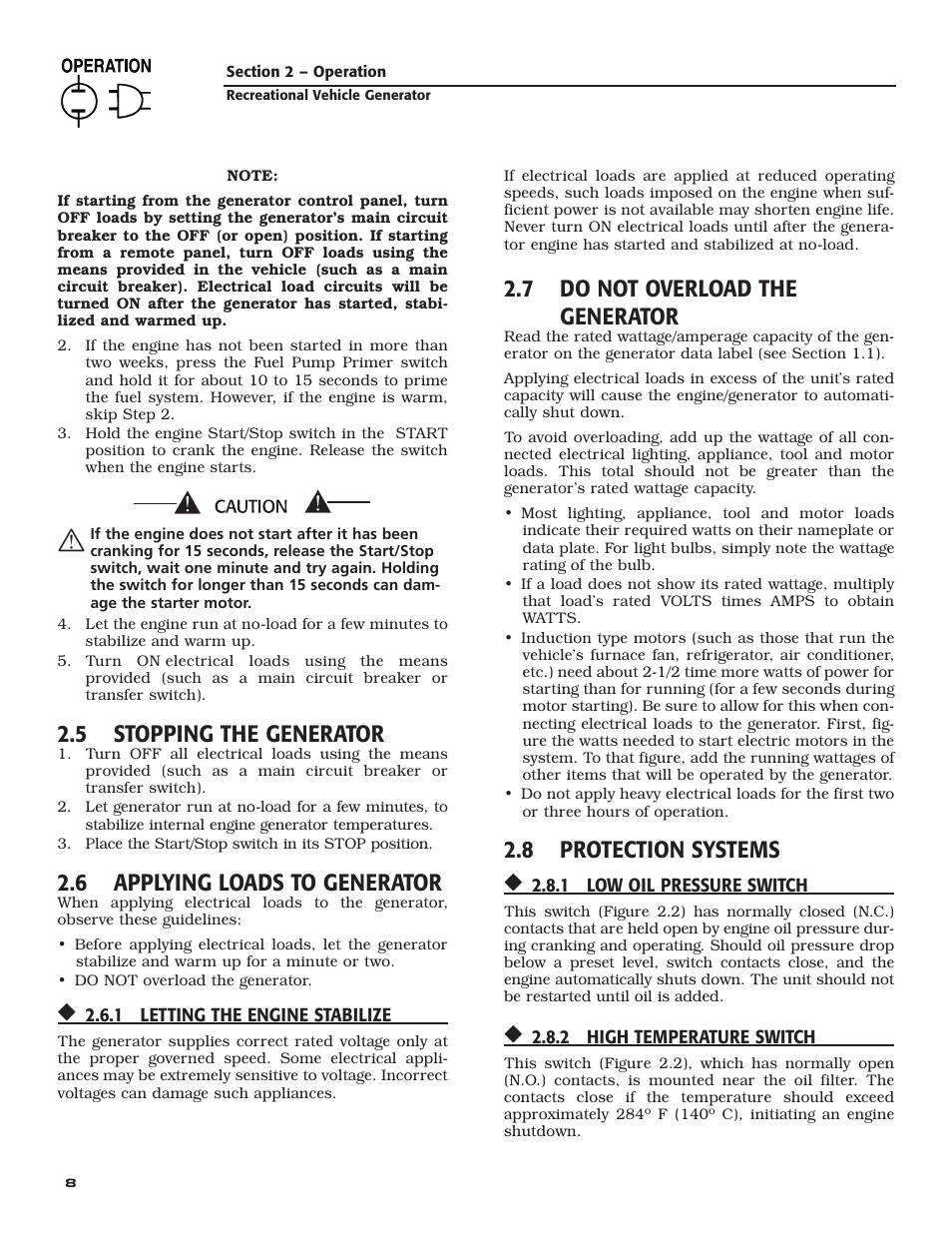 5 stopping the generator, 6 applying loads to generator, 7 do not overload the generator | 8 protection systems | Guardian Technologies QUIETPACT 40LP 004701-0 User Manual | Page 10 / 52