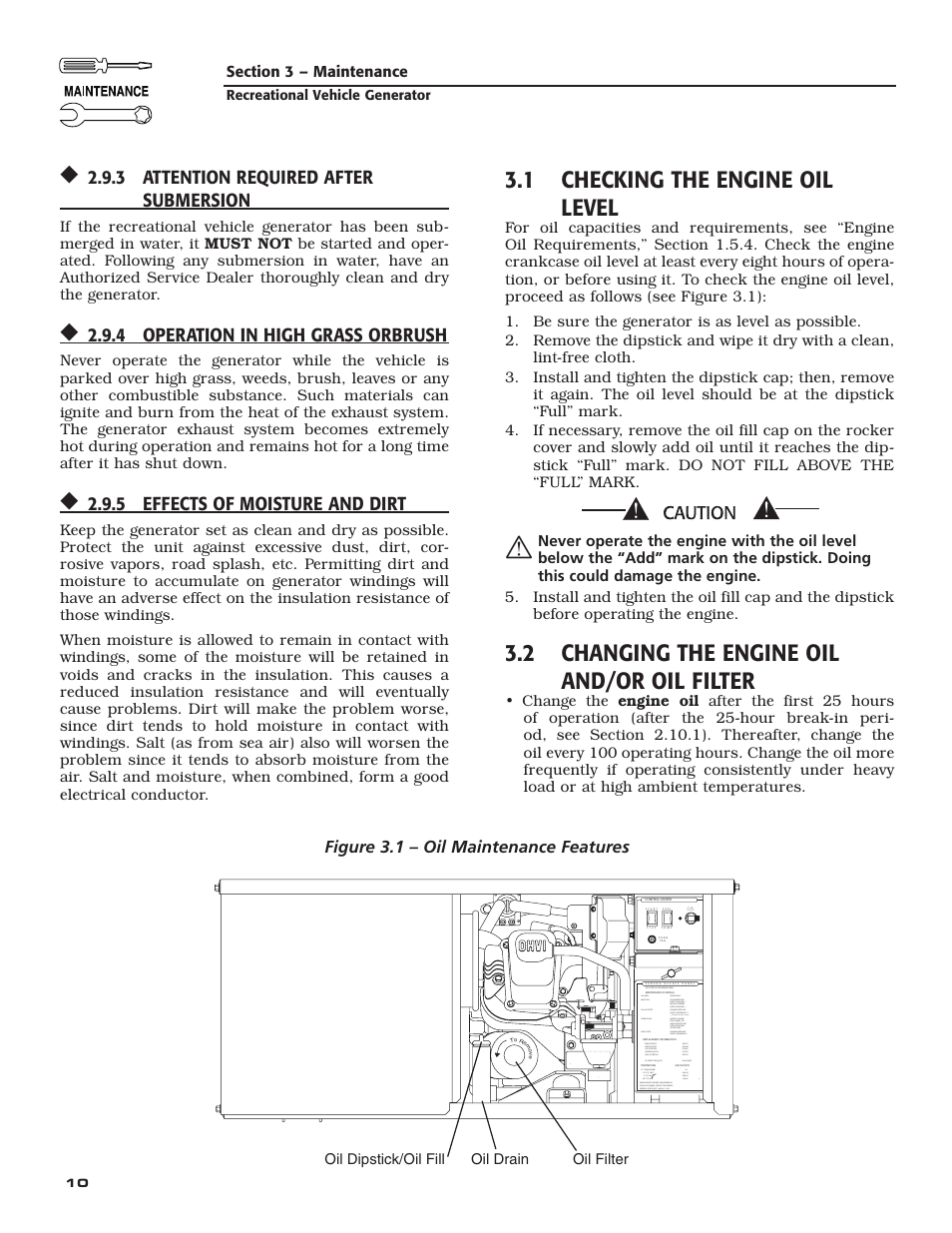 1 checking the engine oil level, 2 changing the engine oil and/or oil filter, 3 attention required after submersion | 4 operation in high grass orbrush, 5 effects of moisture and dirt, Figure 3.1 – oil maintenance features, Quietpact 0g | Guardian Technologies QUIETPACT 40LP 004701-0 User Manual | Page 12 / 52